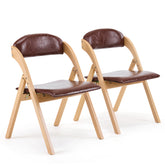 HAOYYE 2PCS Wooden Folding Chairs with Padded PU Leather Seats, Portable Beechwood Frame Foldable Chairs for Kitchen Dining Office Wedding Party Picnic, Natural Frame with Brown Cushion